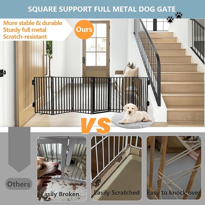 Full Metal Freestanding Dog Gates with Door, 36" Height Dog Fences for Indoor & Outdoor, Extra Wide Foldable Pet Gates for Stairs, Hallways, Doorways, Yard (6 Panels, 120" W × 36" H)