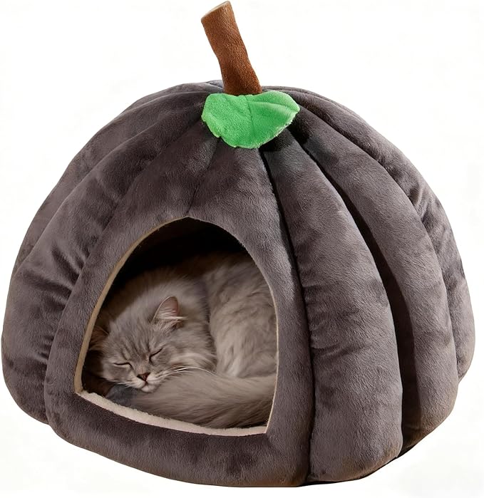 Cat Bed for Indoor Cats - Adorable Cozy Pumpkin Cat Cave with Removable Cushion, Super Soft Pet House Tent for Kittens & Small Pets, Warm & Washable Non-Slip Design(S 15 inch Grey)