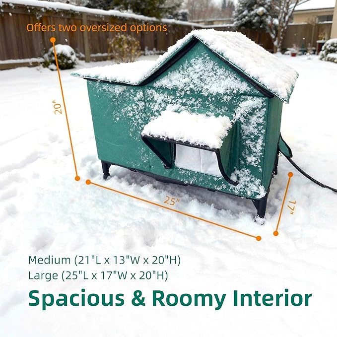 BARKBUDDY Heated Cat House for Outdoor & Indoor Use in Winer, 113°F Constant-Temperature Heating Pad Waterproof Windproof Warm Shelter Cat Houses (Green, Large (25" L x 17" W x 20" H))