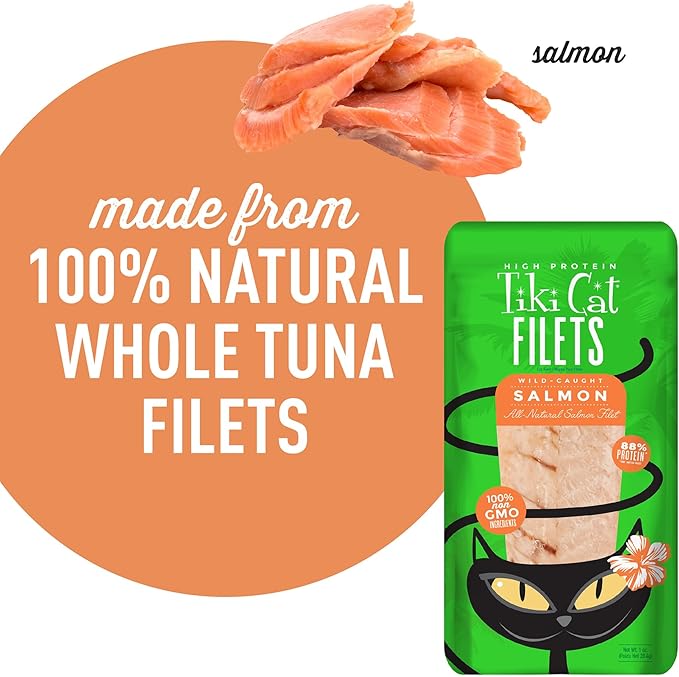 Tiki Cat Filet, All Natural Wild Caught Salmon, Single Ingredient High Moisture Non-GMO Wet Cat Food Topper, for All Life Stages, 1 oz. Pouch (Pack of 12)