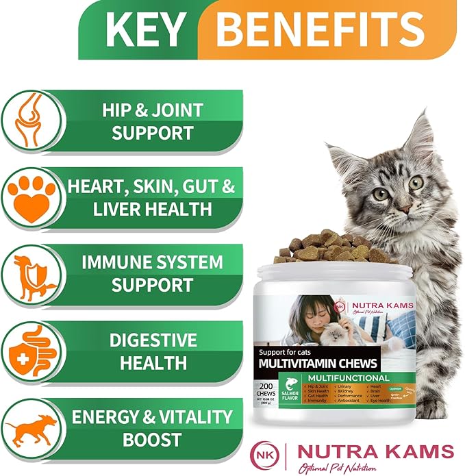 Nutra Kams Multivitamin Chews for Cats, Nutritional Supplement for Strong Immunity, Support Digestion and Skin Care, 300 Grams, 200 Chews.