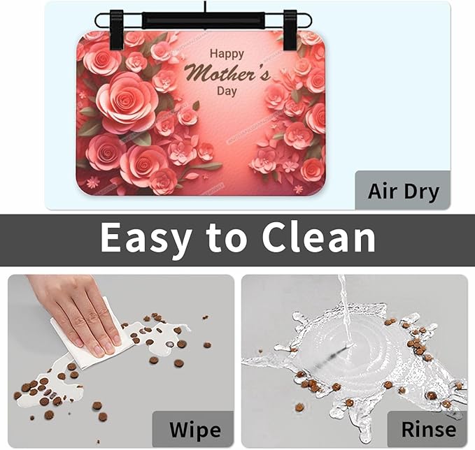 Pet Feeding Mat for Dogs Cats Happy Mother's Day Red Floral Gift for Mom Du Absorbent Dog Food Mat Non-Slip Waterproof Placemat Quick Dry Pet Supplies Bowl Mats