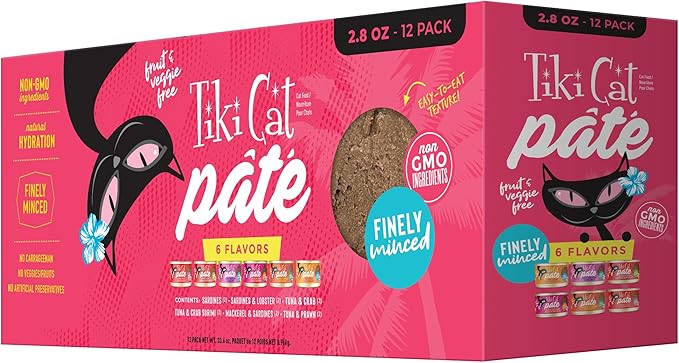 Tiki Cat Grill Pâté Variety Pack, Combinations of Real Flaked Fish, Wet High-Protein & High-Moisture Cat Food, 2.8 oz. Cans (Pack of 12)