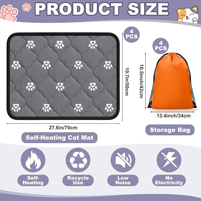 Riakrum 4 Pack 20 x 28 Inches Self Heating Cat Pad Mat Warming Pet Dog Bed Non Slip Washable Cat Kennel Crate Pad with Storage Bag for Indoor Outdoor Small Medium Dog Kitten