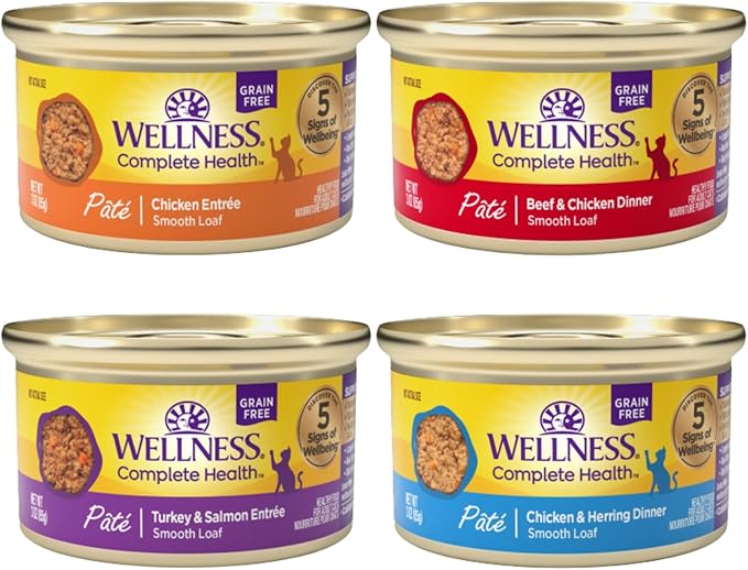 Wellness Natural Premium Canned Cat Wet Food Pate - 12 Pack Cans Bowl Variety Pack 4 Flavor - (Chicken,Beef, Salmon & Turkey) (3 Ounce Cans)