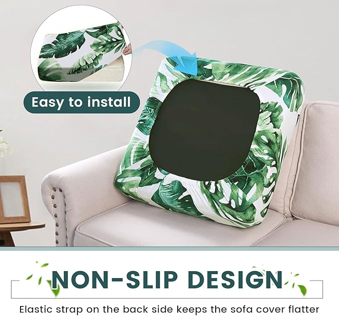 HANDONTIME 8Pcs Outdoor Patio Cushion Covers Green Leaves Stretch Couch Cushion Cover Patio Couch Slipcover for Outdoor/Indoor Washable Non-Slip Furniture Protector for Pet (Tropical Leaf,Cover Only)