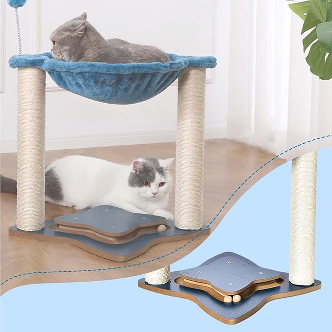 FluffyDream Cat Scratching Post for Indoor Cats, Small Cat Tree Tower with Hammock,Wooden Interactive Ball Track for Kitten and Adult Cats,18inches (Navy)