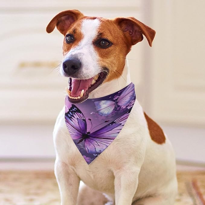 Dog Bandana Spring Pet Scarf Adjustable Triangle Beautiful Purple Butterfly Art Printing Dog Bib Washable Polyester Puppy Bandana for Small Medium Large Dogs Cat Birthday Party Supplies