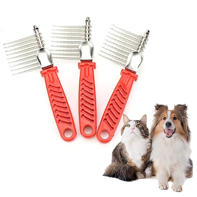 Dog Dematting Comb Rake Detangler Brush for Dogs Stainless Steel Grooming Comb Cats Pets Matted Fur Removal on Undercoat Tool Pet Supplies Red