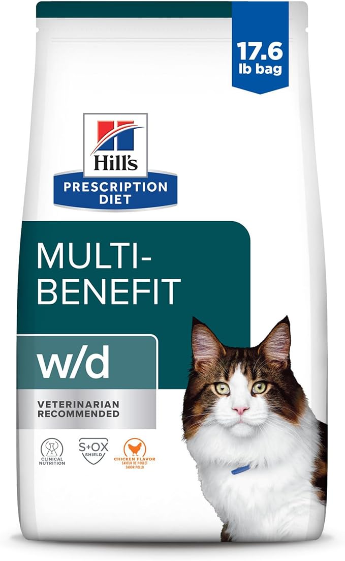 Hill's Prescription Diet w/d Multi-Benefit Digestive/Weight/Glucose/Urinary Management Chicken Flavor Dry Cat Food, Veterinary Diet, 17.6 lb. Bag