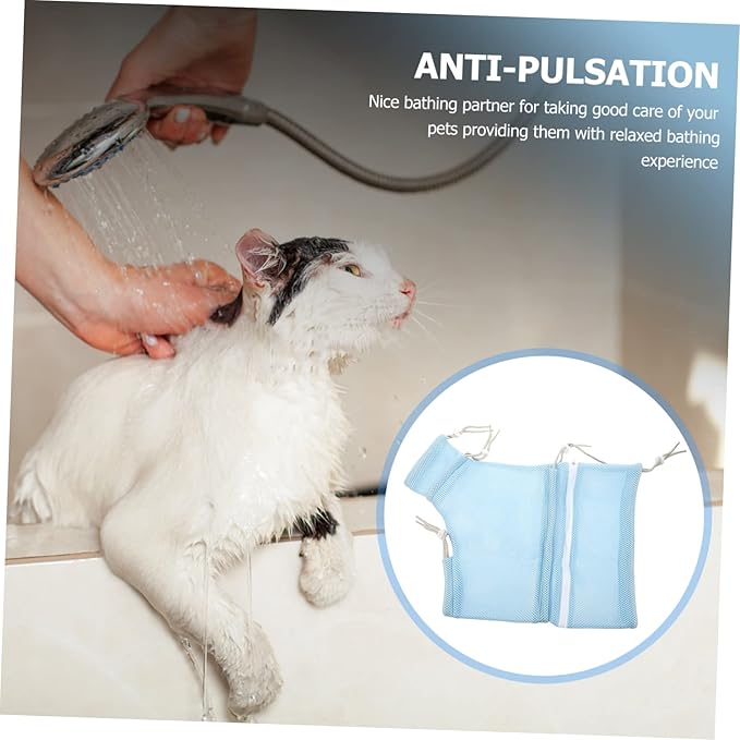 Happyyami Breathable Cat Bathing Bag Adjustable Mesh Grooming Bag for Nail Trimming Safe and Durable Shower Netting for Kittens and Pets Blue
