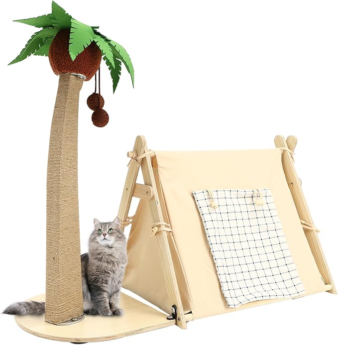 Coconut Tree Cat Tree Cat Scratching Post with Jute Rope for Indoor Cats Cozy Tent House and Hanging Balls for Kittens