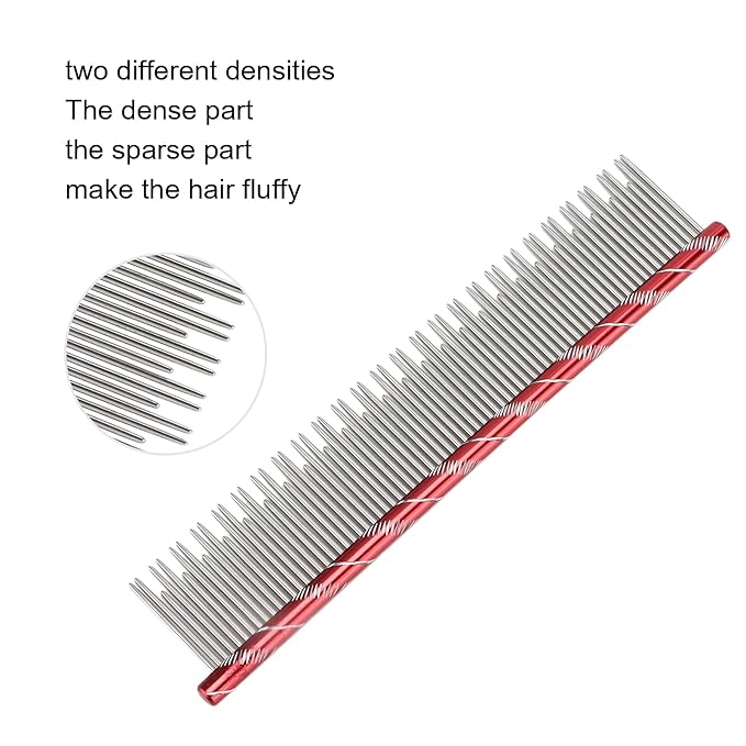 Pet Hair Removal Comb, Stainless Steel Cat Grooming Tool with Dual - Density Teeth, Open Knot Detangling Comb for Long and Short Haired Cats, Ergonomic Non - Slip Handle (Red)