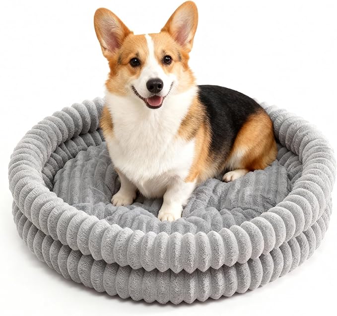 Donut Pet Bed for Cats & Small Dogs, Fluffy Warm Round Bed, Machine Washable with Anti-Slip Bottom, Indoor Use, Gray, 28"x28"x5"
