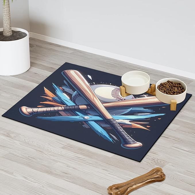 Baseball Bat Dog Food Mat for Floors Absorbent, Quick Dry Water Dispenser Mat for Food, Water, Pet Supplies 17" x 30", Sport Theme