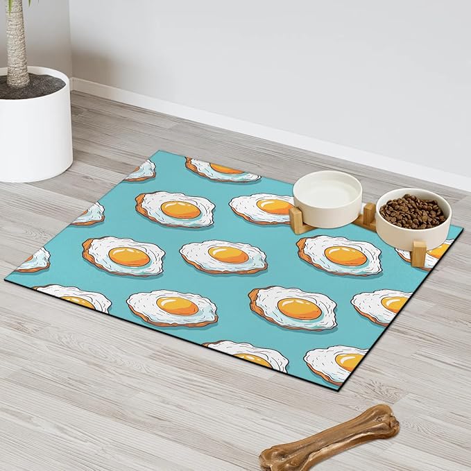 Cute Egg Dog Food Mat for Floors Absorbent Dog Bowl Mat for Food and Water Dispenser Quick Dry Cat Food Placemat Pet Supplies 12" x 20", Cartoon Fried Egg