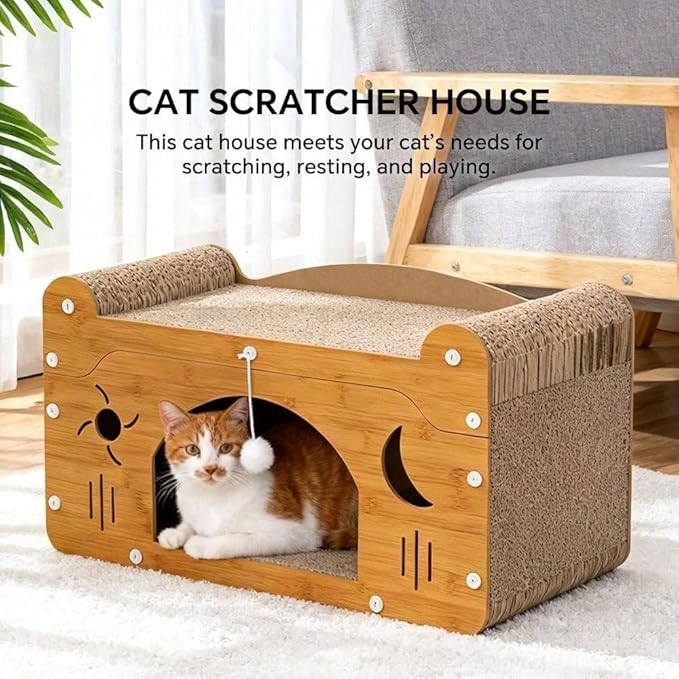 Multi-Function Cat Scratcher House Box,3-in-1 Scratch Pad and Soft Bed & Play Cave with Toys, Durable Build & Ideal for Cats/Kitty (Yellow,FX-SFXY)
