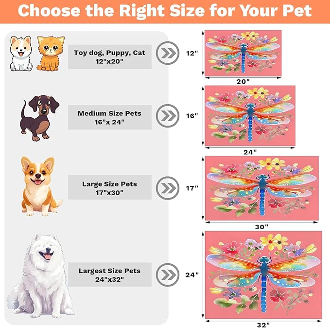 Dragonfly Dog Food Mat for Floors Absorbent, Quick Dry Water Dispenser Mat for Food, Water, Pet Supplies 24" x 32", Spring Flower