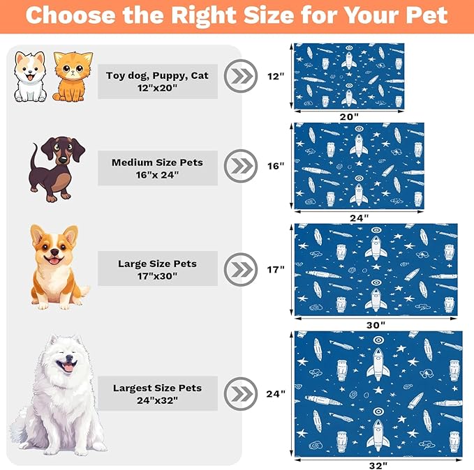 Outer Space Dog Food Mat for Floors Absorbent, Quick Dry Water Dispenser Mat for Food, Water, Pet Supplies 16" x 24", Cartoon Rocket