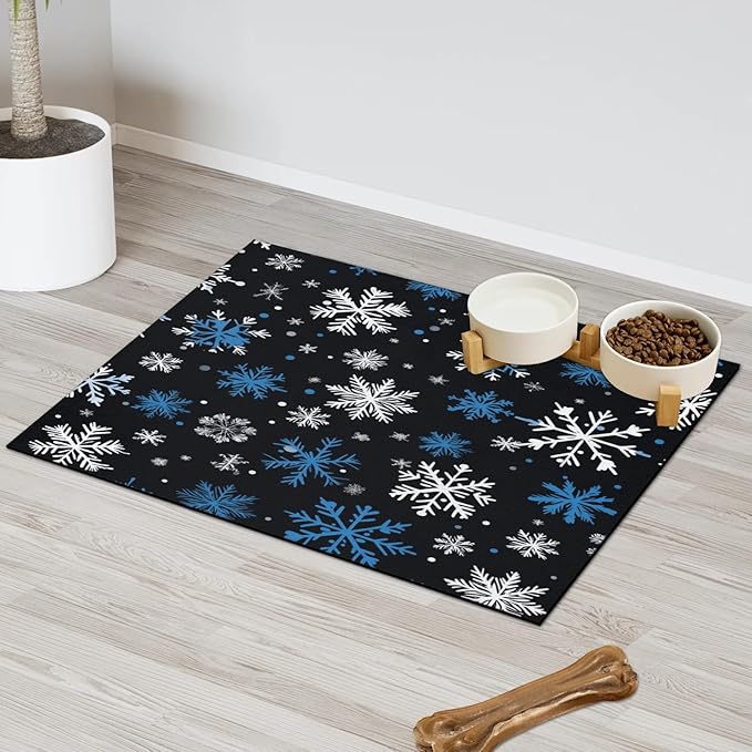Christmas Snowflake Dog Food Mat for Floors Absorbent, Quick Dry Water Dispenser Mat for Food, Water, Pet Supplies 12" x 20",