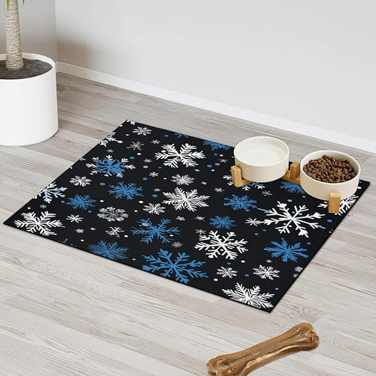 Christmas Snowflake Dog Food Mat for Floors Absorbent, Quick Dry Water Dispenser Mat for Food, Water, Pet Supplies 24" x 32",