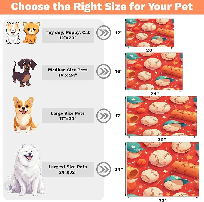 Sports Dog Food Mat for Floors Absorbent, Quick Dry Water Dispenser Mat for Food, Water, Pet Supplies 16" x 24", Baseball