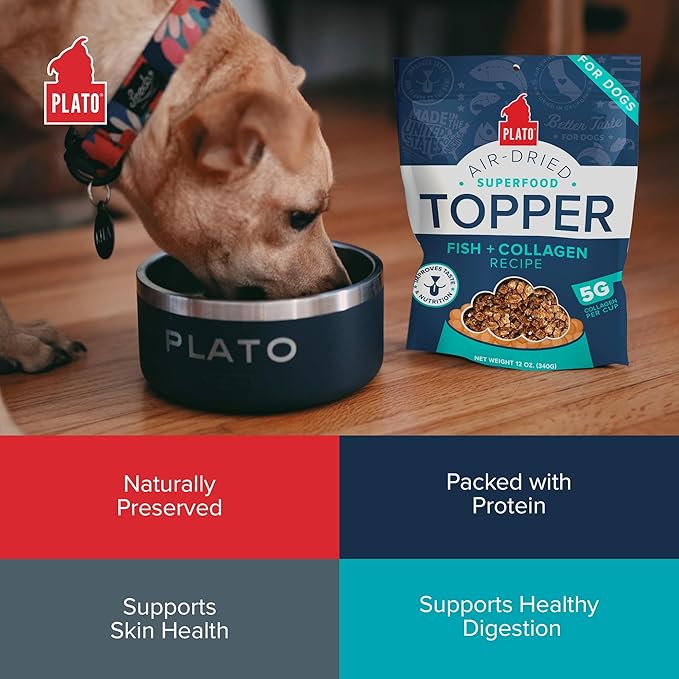 Plato Pet Treats Dog Food Toppers - Air-Dried Dog Food Toppers for Dry Food - with Collagen to Support Skin and Coat Health - Fish and Collagen Recipe 12oz