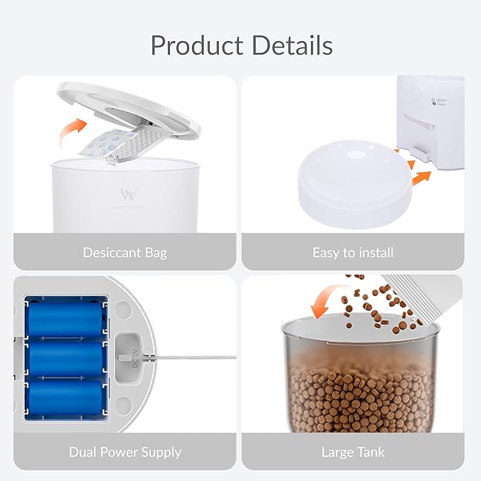 Waithem Wi-Fi Automatic Pet Feeder, Timed Dry Food Dispenser with App Programmable Portion Control, Up to 10 Meals Per Day, Dual Power Supply, for Cats and Small Dogs