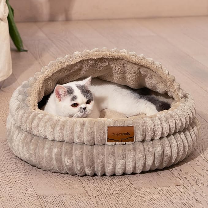 CHEERPALS Cat Cave Bed for Indoor Cats, Washable Covered Cat Bed Hooded Kitty Bed Soft Fluffy Pet Bed for Puppy and Small Dog(Khaki)