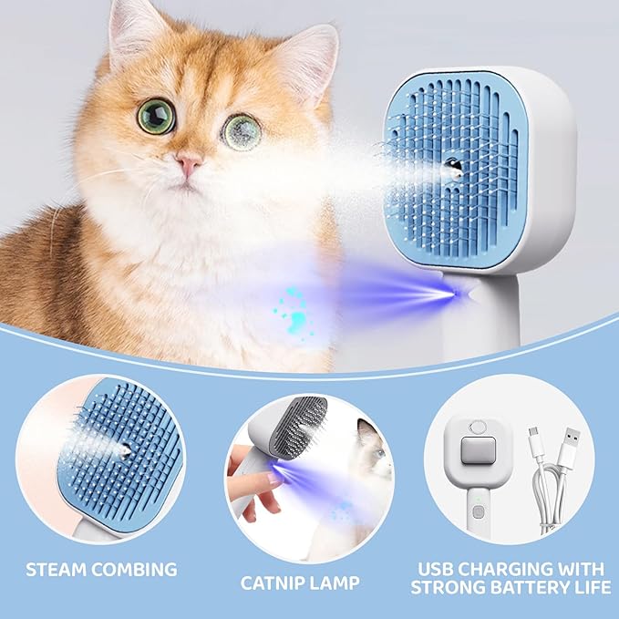 3-in-1 Cat Steam Brush – Self-Cleaning Pet Spray Grooming Comb for Cats & Dogs, USB Rechargeable, Shedding, Massaging & Hair Removal with Cool Mist (Blue)