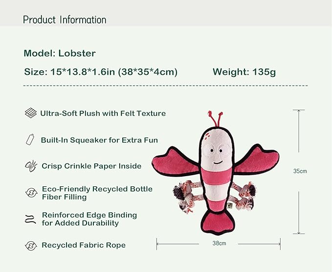 Dog Toy, Squeaky Plush Dog Toy, Rough & Tough Interactive Pet Toy, Recycled Fabric and Double Stitched (Lobster)