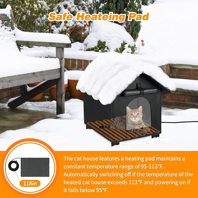 BWOGUE Elevated Heated Cat House for Outdoor Cats in Winter, Waterproof & Insulated Feral Cat Shelter for Outside Cats,Weatherproof Feral Cat House for Outside (Black, L)