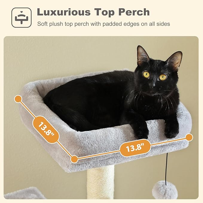 Cat Tree for Indoor Cats, 62" Multi-Level Cat Tower with 2 Spacious Condos, Scratching Pad, 4 Cat Scratching Posts, 2 Top Perches, 2 Pompoms, Grey