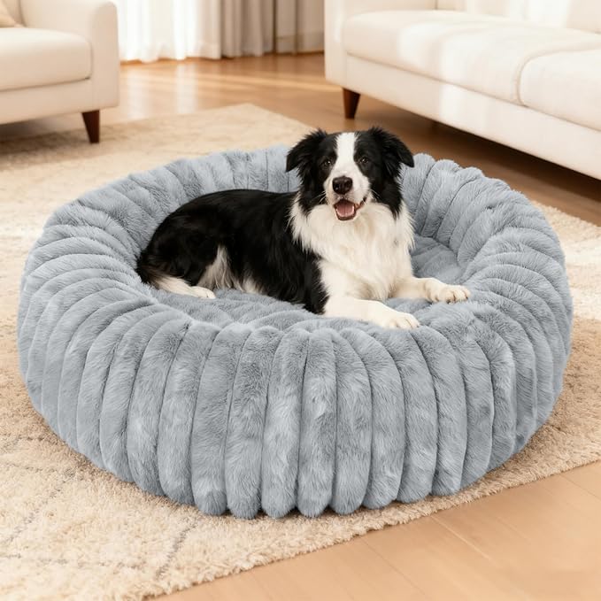 Washable Large Dog Bed,Calming Anti Anxiety Round Donut Dog Bed,Fluffy Puppy Beds for Small Dogs,Cute Kitten Cat Beds for Indoor Cats,Anti-Slip Comfort Pet Beds for Large Size(Grey,XL)