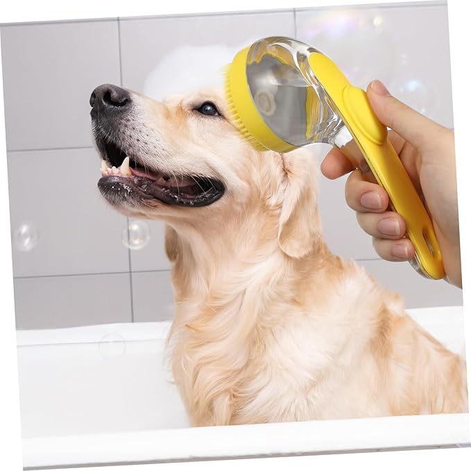POPETPOP Pet Bath Brush for Cats and Dogs Ergonomic Handle Grooming Tool with Soap Dispenser Soft Head for Gentle Cleaning of Animals Indoor Use Easy to