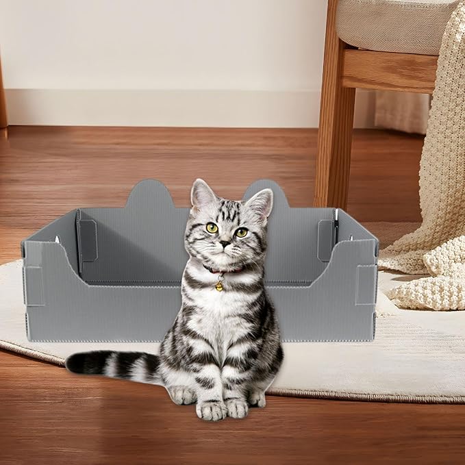 Cat Travel Toilet Large Capacity Open Litter Pan Potty for Indoor Cats Adorable Funny Design- Gray