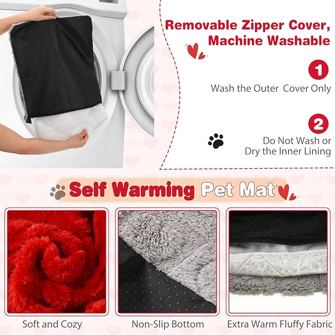 3 Pack Self Warming Cat Bed Mat Self Heating Dog Pad Reflects Body Warm Thermal Pet Pad Washable Non Slip Crate Kennel Bed Mat for Indoor Outdoor, 20 x 15 Inch(Red)