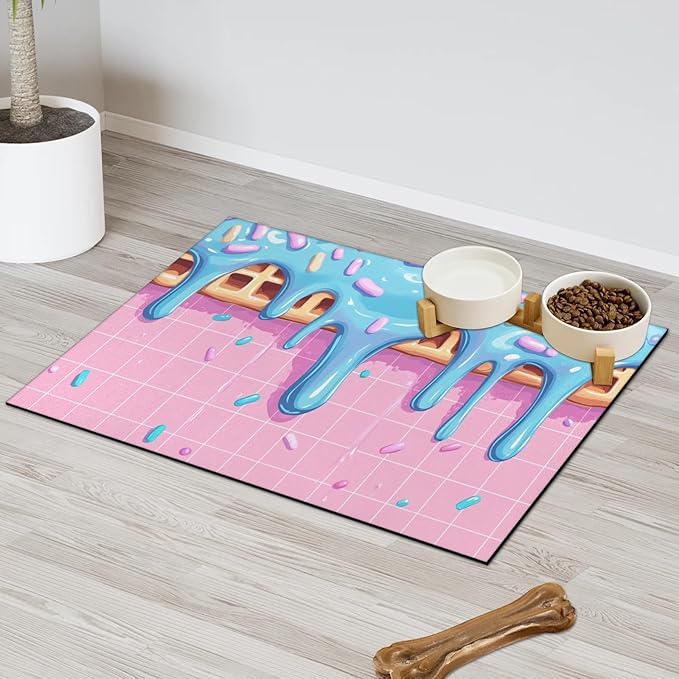 Ice Cream Dog Food Mat for Floors Absorbent Dog Bowl Mat for Food and Water Dispenser Quick Dry Cat Food Placemat Pet Supplies 16" x 24", Pink Blue