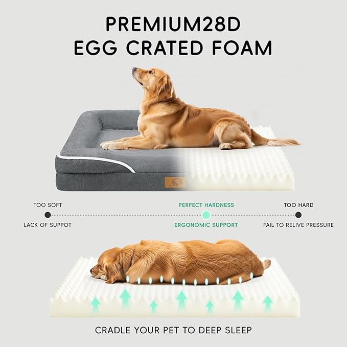 Homemate Dog Bed Large Sized Dog: 42x30 inch Orthopedic Large Dogs Bed XL Outdoor Pet Cat Bed Sofa Supplies with Toy Dogs Crate Pad Couch with Removable Washable Cover & Non-Slip Botton Dark Grey