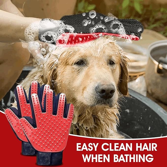 Premium Pet Grooming Gloves, Silicone Massage Brush for Dogs and Cats, Adjustable Size 9.13x6.77 Inch, Hair Removal and Bathing Tool (Red)