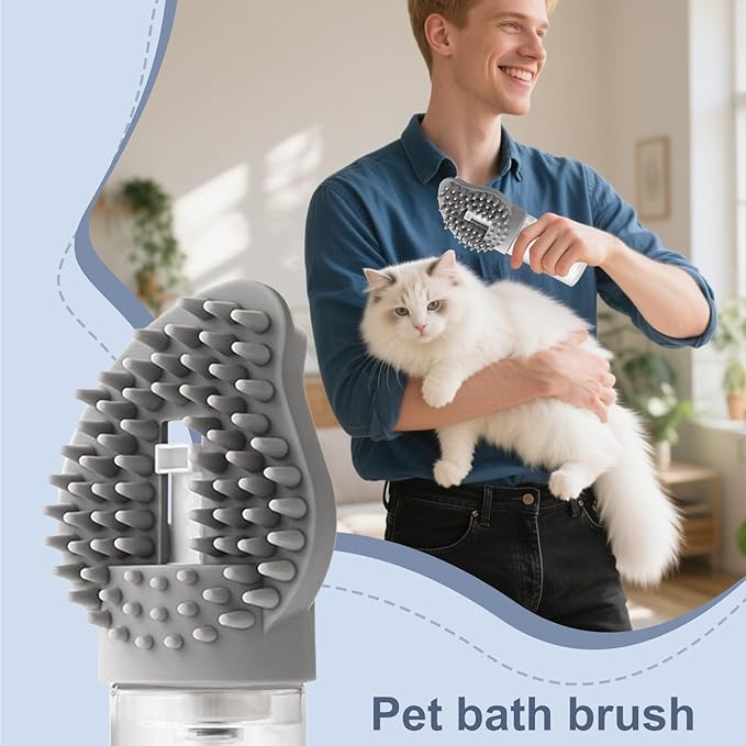 Pet Bath Brush with Soap Dispenser | Anti-Slip Grooming Comb for Dogs & Cats, Shedding Brush & Massager for Shower Bathing, Ergonomic Dog Brush & Cat Grooming Supplies