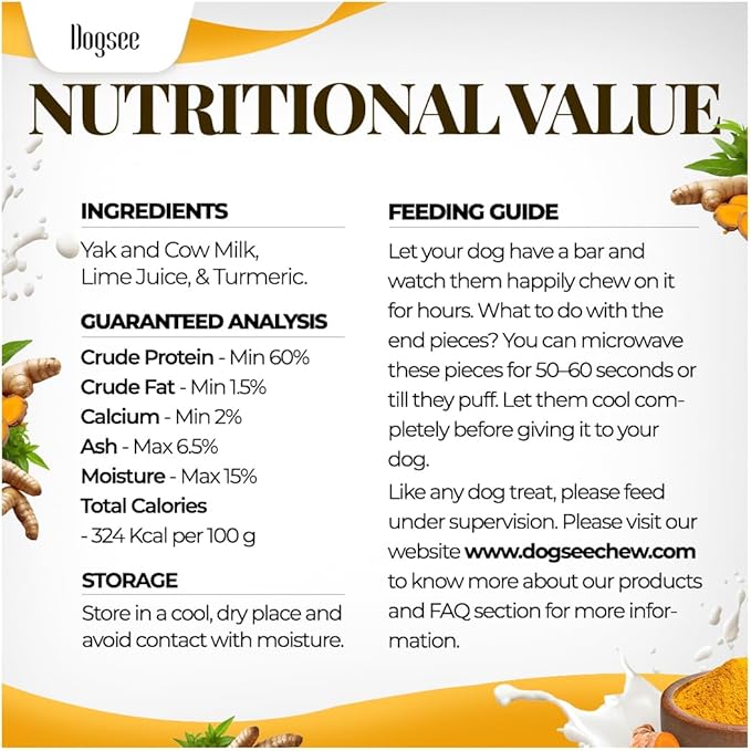 Dogsee Himalayan Yak Chews with Turmeric/Curcumin 3lb (XL - 9 Bars) | for Large Dogs | Dog Treats for Large Dogs | Help Alleviate Joint Pain | Rawhide-Free | Anti Inflamatory