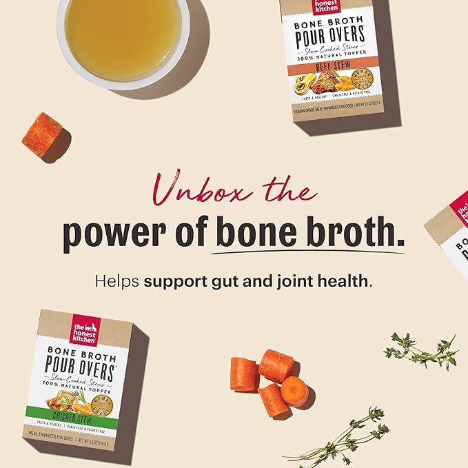 The Honest Kitchen Human Grade Bone Broth POUR OVERS™ Wet Toppers for Dogs (12 pack), 5.5oz - Turkey & Salmon Stew