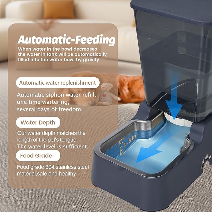Automatic 5.4L/1.4Gal Pet Waterer, Pet Automatic Dog Water Dispenser Gravity Stainless Steel Water Feeder, Large Capacity Feeding Bowls for Cats and Medium & Large-Sized Dogs