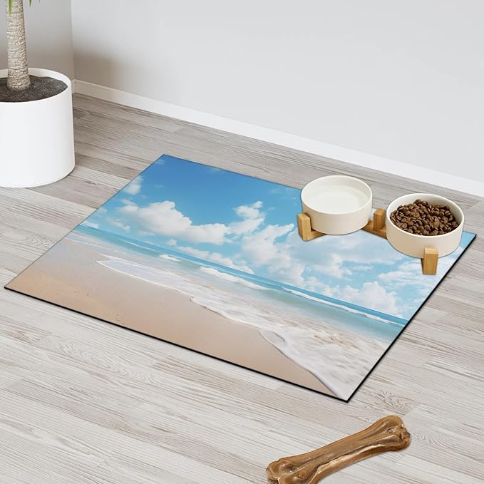 Teal Beach Dog Food Mat for Floors Absorbent, Quick Dry Water Dispenser Mat for Food, Water, Pet Supplies 24" x 32", Ocean Beach