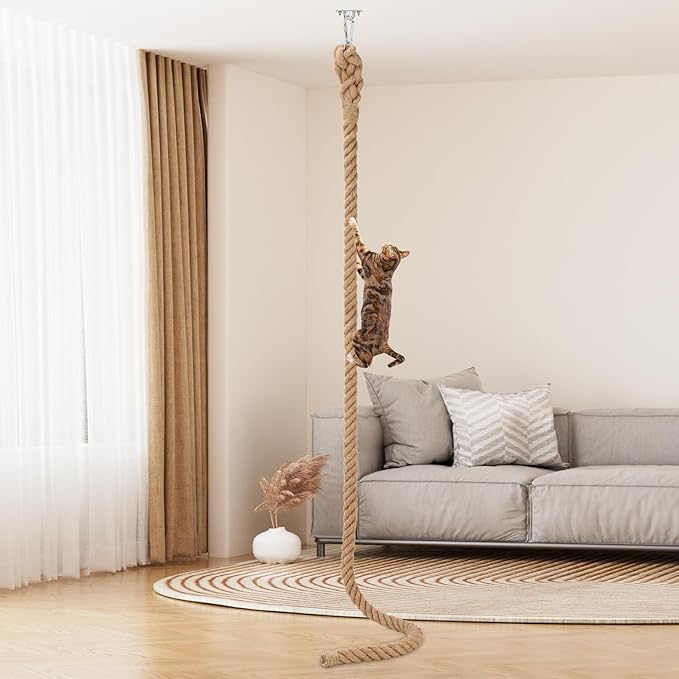 2" x 9.84Ft Cat Climbing Rope with Hook, Natural Cat Climbing Jute Rope for Ceiling and Wall Mounted, Durable Sisal Ropes for Indoor and Outdoor Cats Scratching Playing