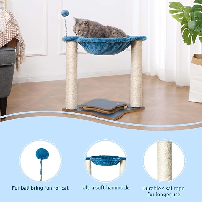 Cat Scratching Post for Indoor Cats, Small Cat Tree Tower with Hammock Wooden Interactive Track Ball,Wooden Interactive Ball Track for Kitten and Adult Cats,18inches (Grey)