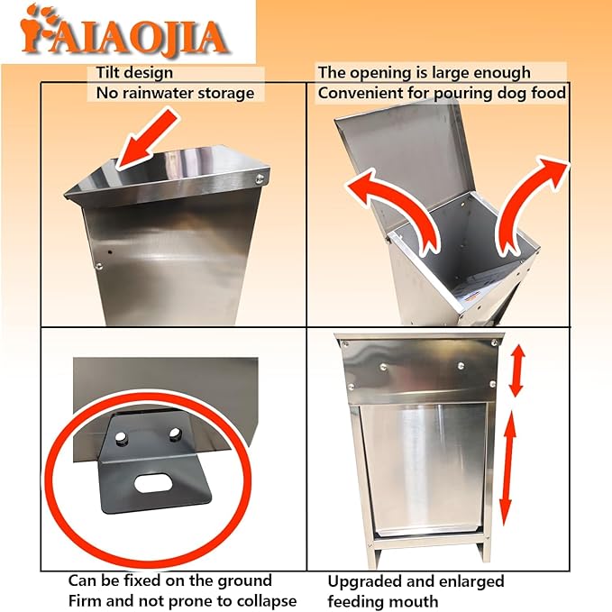 Dog Food Feeder for Kibble - (Stainless Steel Natural Color Anti-Corrosion) - Automatic Food Dispenser Gravity Self Feeding Outdoor for Medium, Large Dog Breedss - 25Lbs New Upgrade