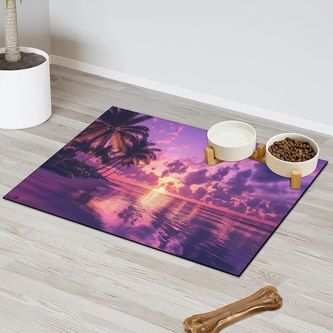 Hawaiian Sunset Dog Food Mat for Floors Absorbent, Quick Dry Water Dispenser Mat for Food, Water, Pet Supplies 17" x 30", Beach