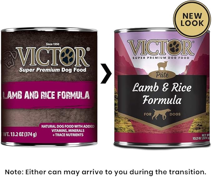 VICTOR Super Premium Dog Food – Lamb and Rice Formula Pâté – Canned Wet Adult Dog and Puppy Food – Ideal Kibble Topper or Standalone Meal – All Breed Sizes, 12 x 13.2 oz Cans